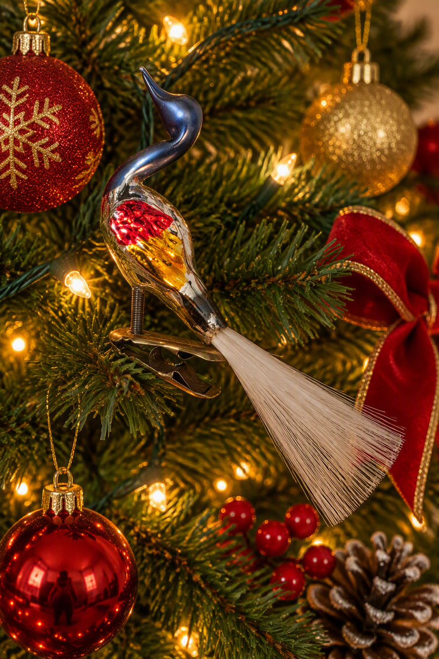 VTG 40s German Blown Mercury Glass Peacock Clip Christmas Ornament Hair